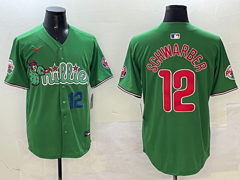 Men Philadelphia Phillies 12 Schwarber Green Three generations Joint Name Game 2025 Nike MLB Jersey style 4